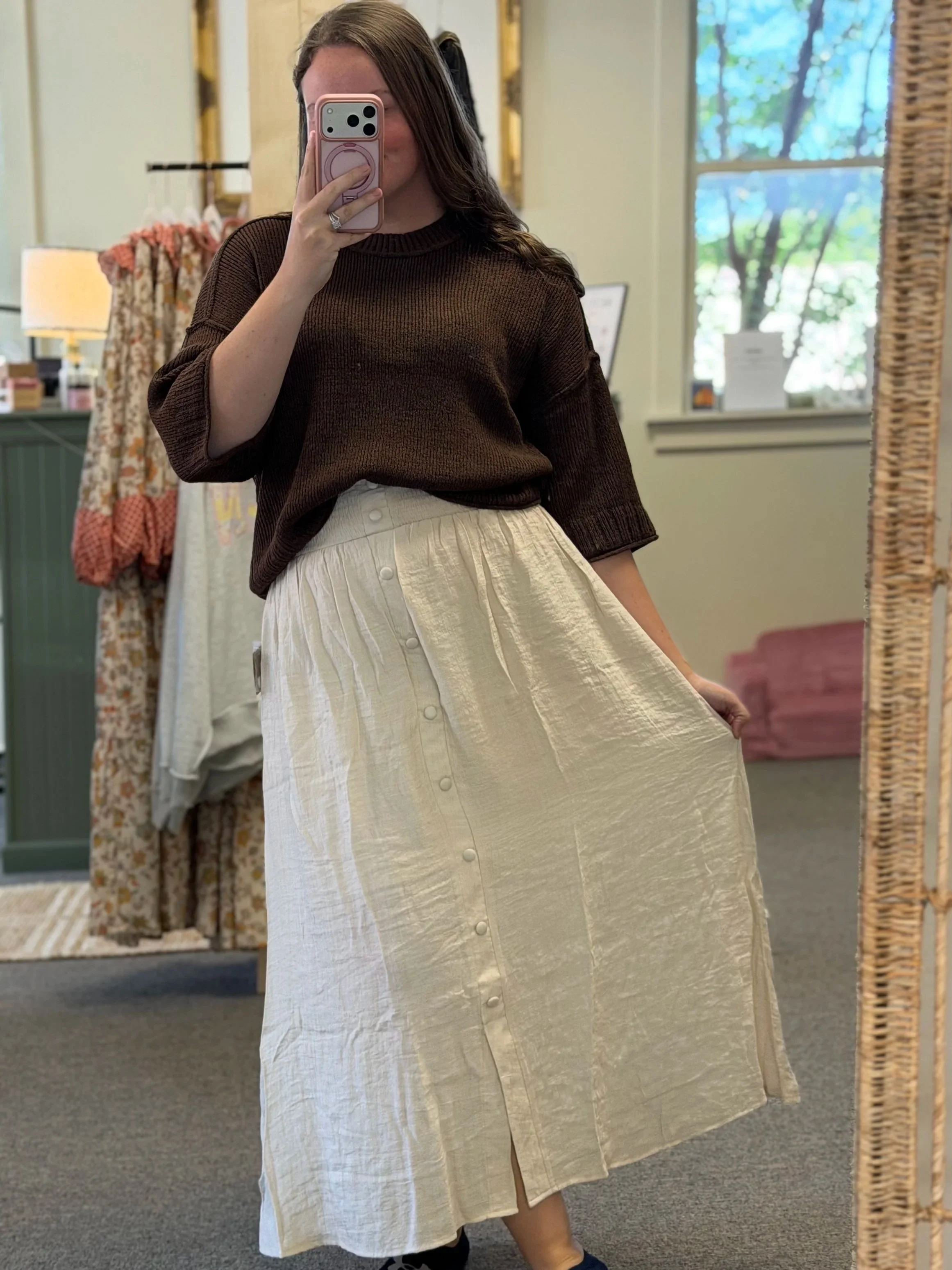 High-Waisted Button-Front Midi Skirt