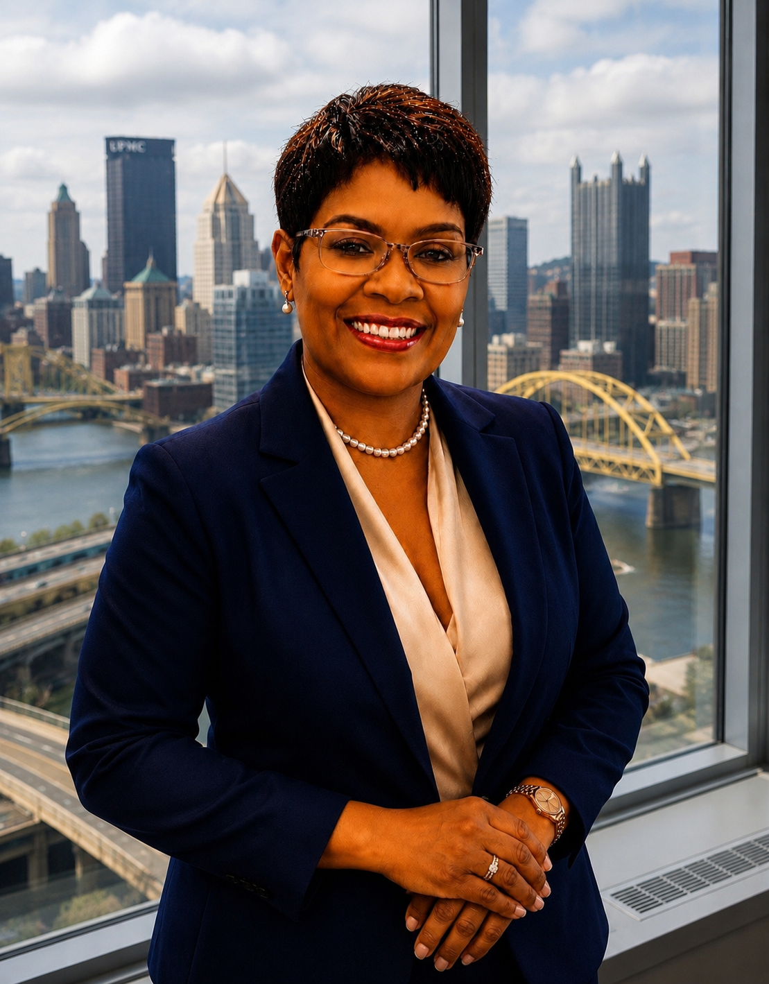 Professional woman in navy blazer and pearl necklace standing in front of large window with city skyline, river, and bridges in the background.
