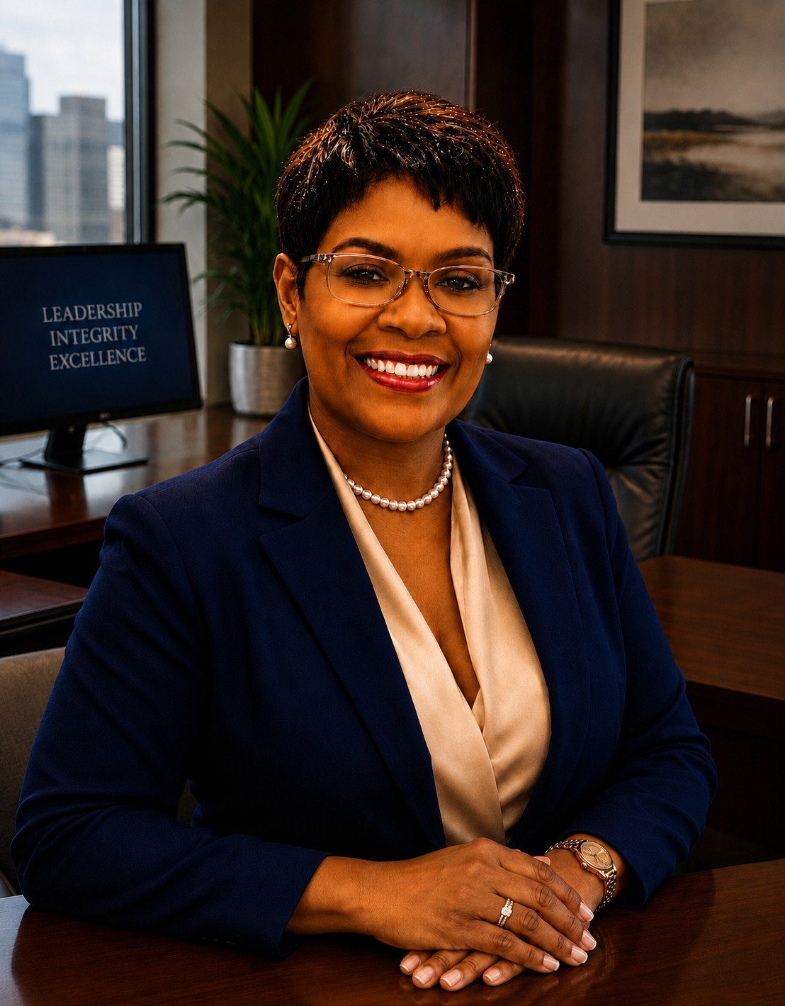 A professional woman sitting at a desk in an office, smiling, wearing a navy blazer, beige blouse, pearl necklace, and glasses, with a computer monitor displaying the words "Leadership Integrity Excellence" behind her.