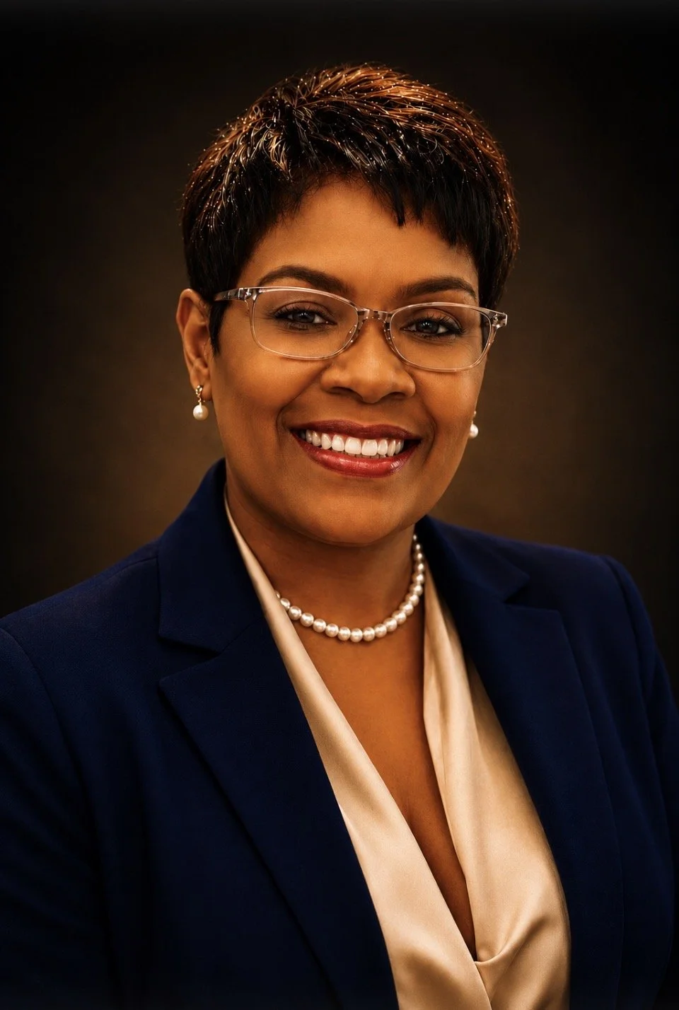 A professional woman with short dark hair, glasses, pearl earrings, and a pearl necklace, dressed in a dark blazer and a beige satin blouse, smiling against a dark background.