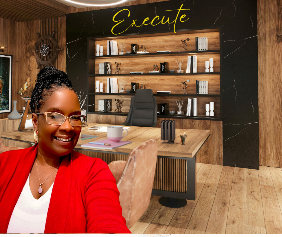 Echo Marie Bryant in an office with a wooden desk, black chair, bookshelf, and a sign that says 'Execute' on the wall.