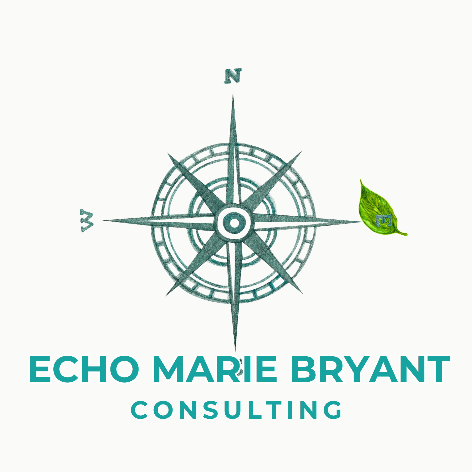 Echo Marie Bryant Consulting Business logo featuring a compass with north, south, east, and west directions, a green leaf on the east side, and text below reading 'Echo Marie Bryant Consulting' in teal font.
