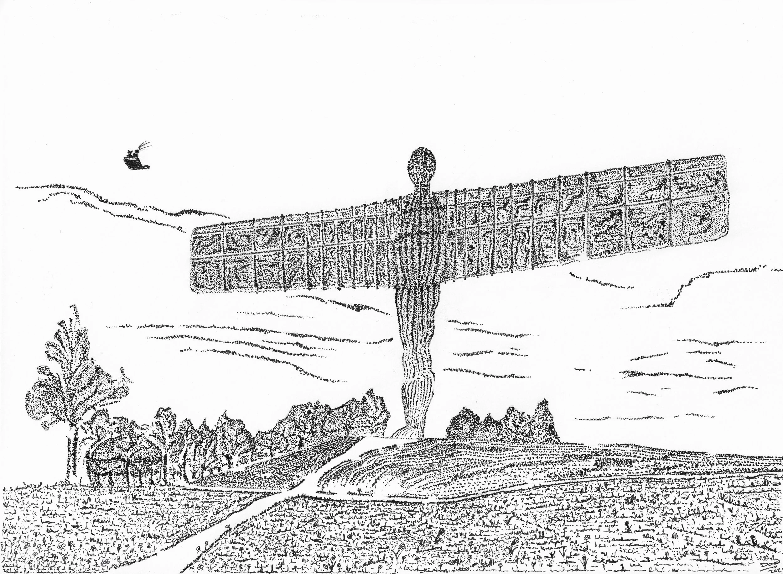 Charlotte flying past the Angel of the North on the Magic Blanket