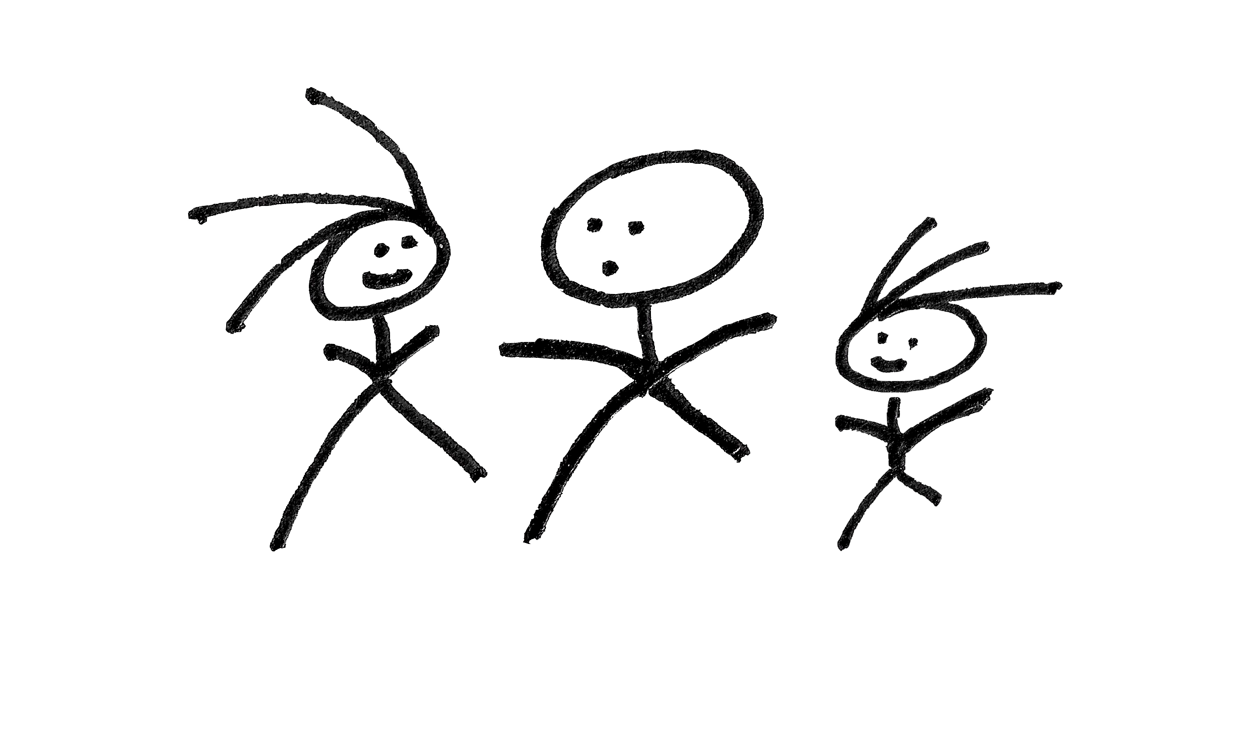 Three stick figures with smiling faces dancing together.