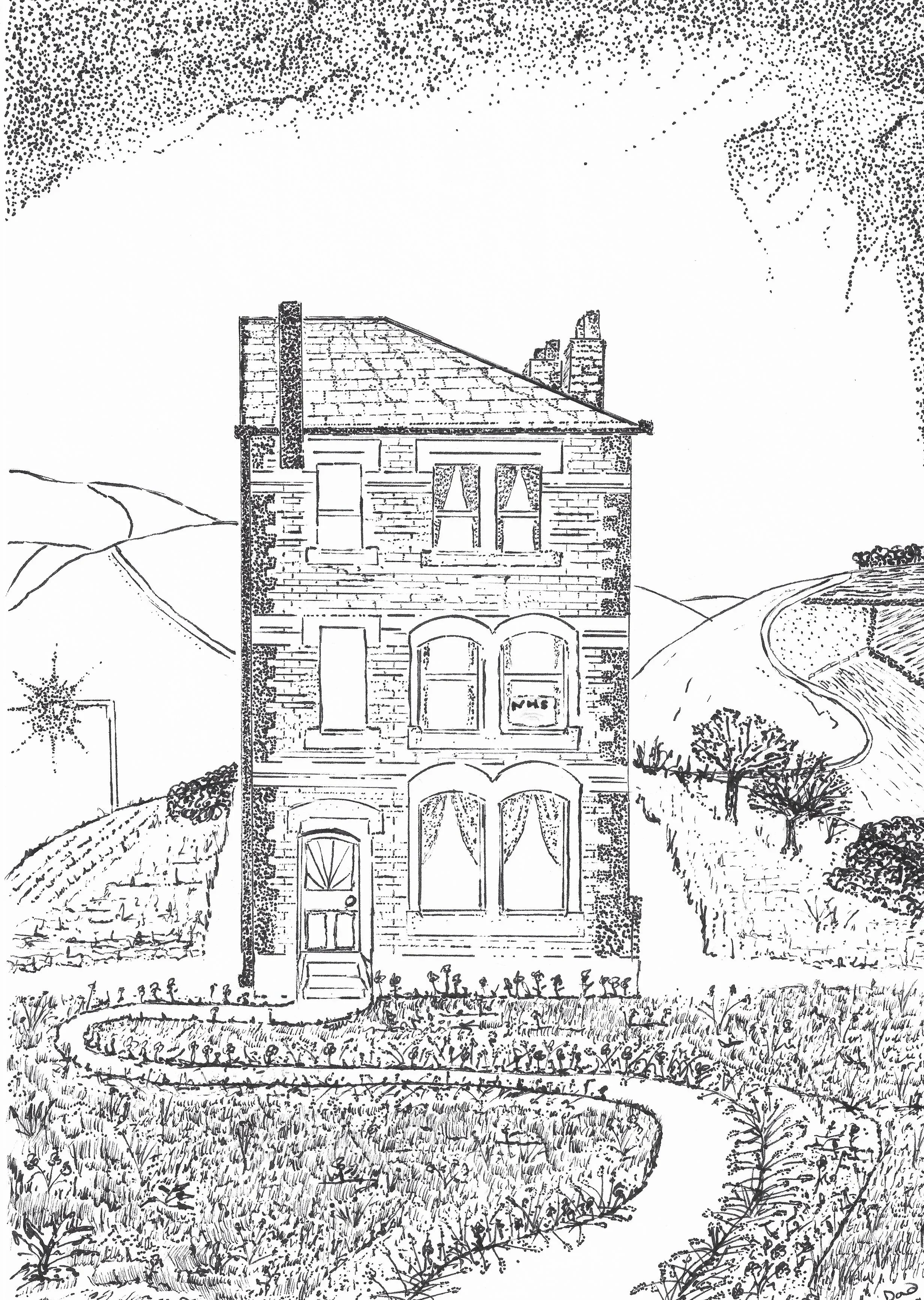 The tall thin house on top of the tall thin hill, black and white sketch of a three-story house with a curved pathway leading to the front door, surrounded by trees and hills.