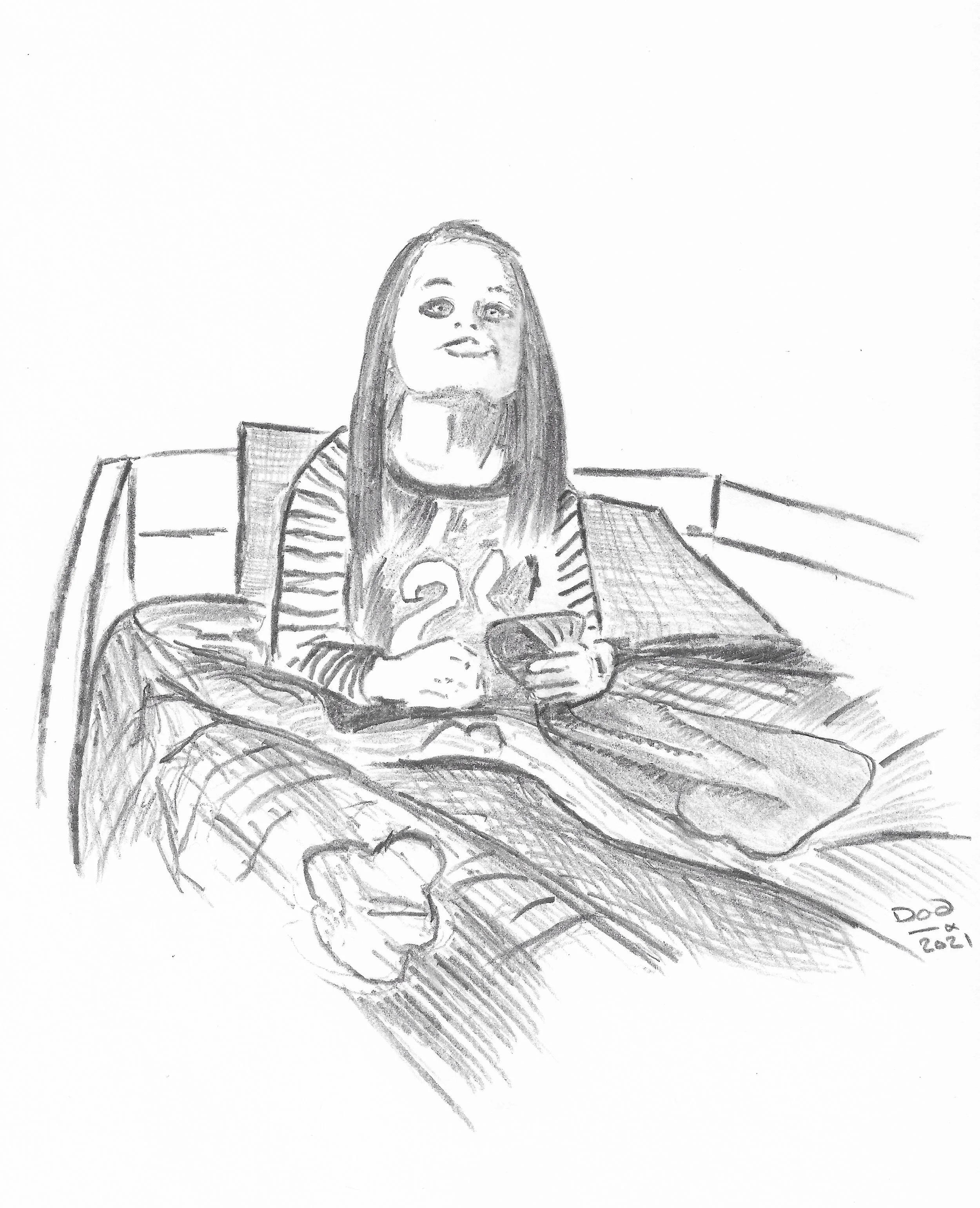 Sketch of a girl sitting on a bed, smiling and holding a mug, wearing a striped shirt and pajama pants.