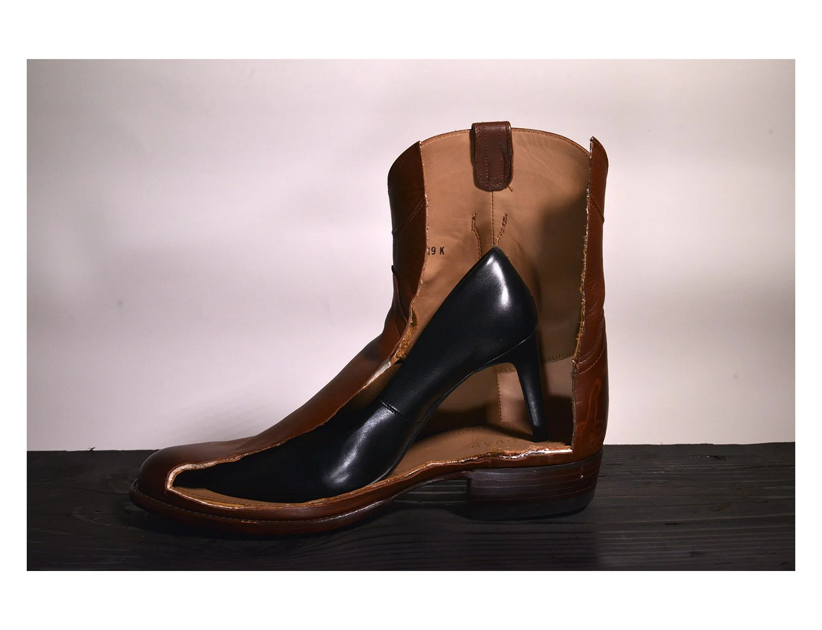 "Behind Every", leather cowboy boot, leather pump heel, 12.5 in x 11.1in 