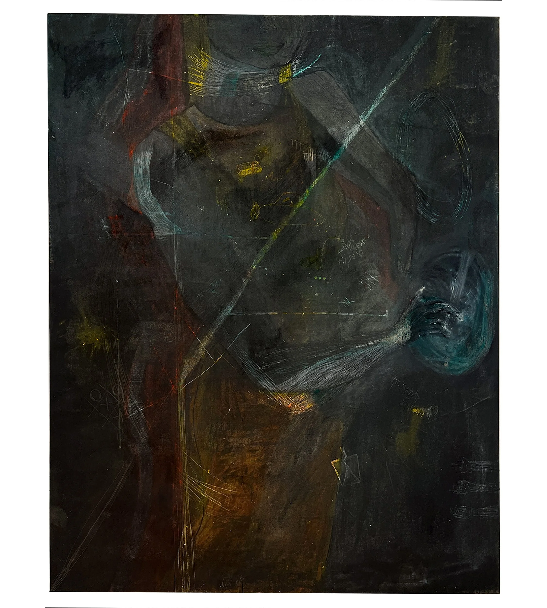 Dishes, Oil stick, Earth pigment, walnut oil and scratchings on canvas, 50 in x 74in