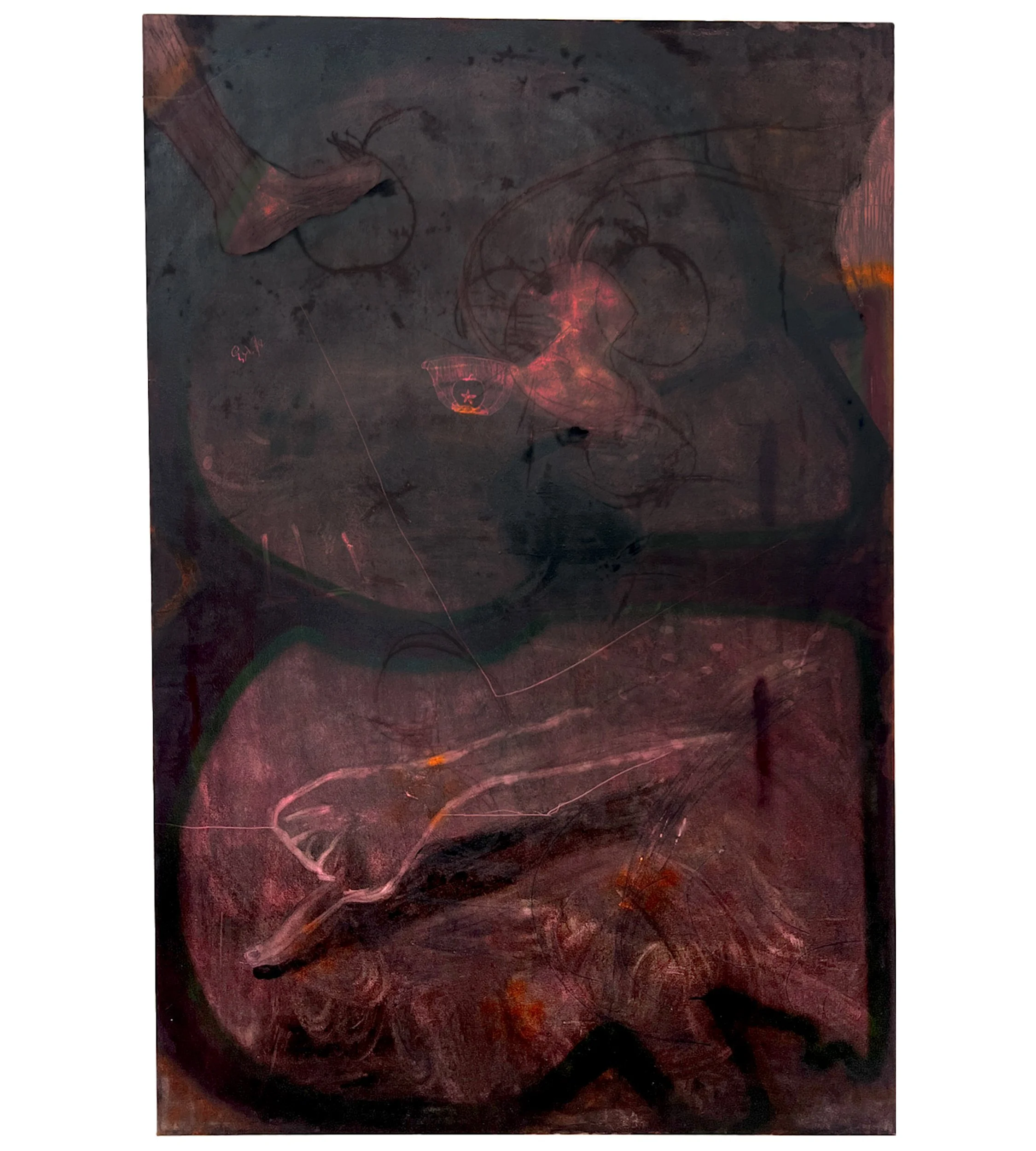 "Give and Take", 48 in x 72 in, Walnut oil and earth pigments, scratchings, spray paint and acrylic on canvas