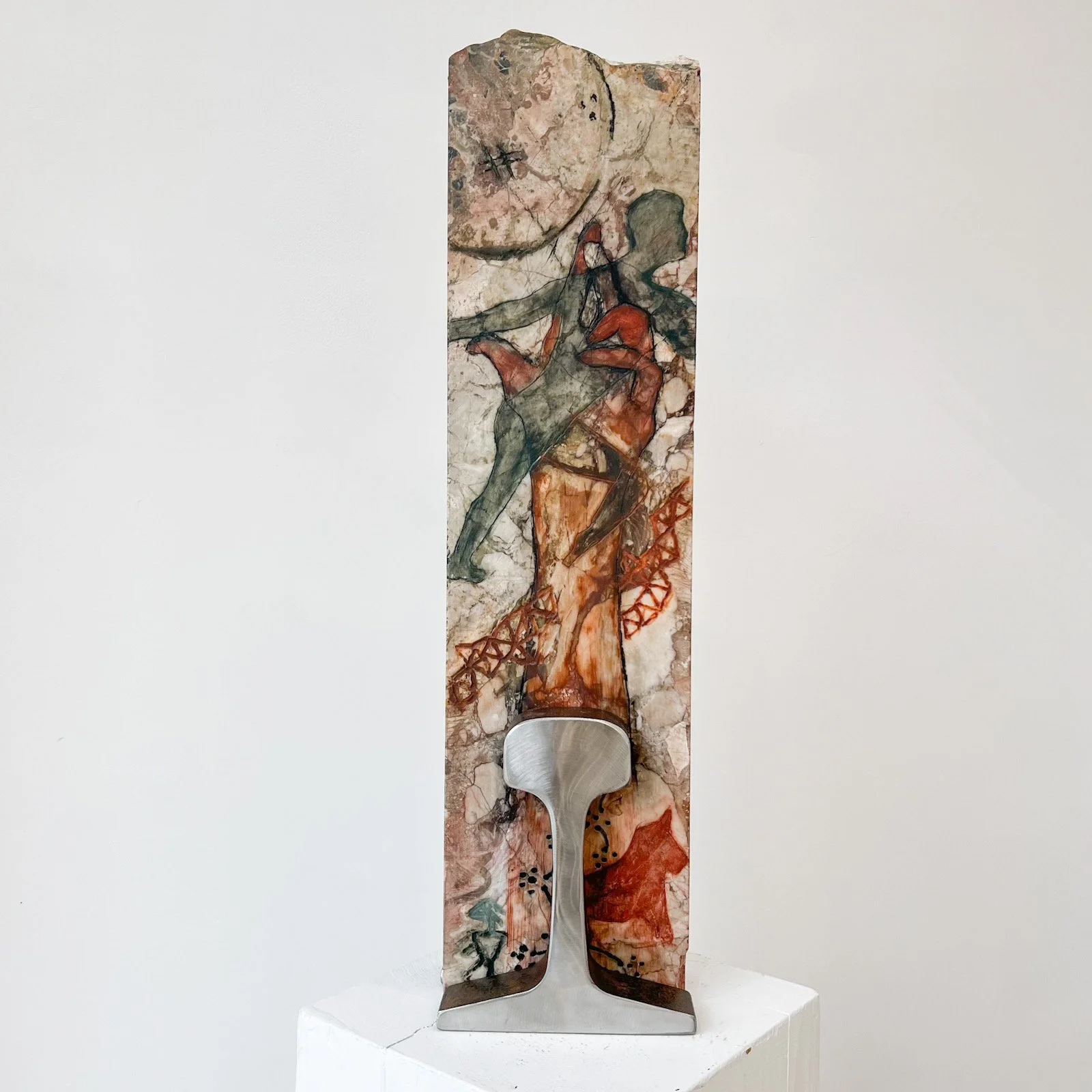 Untitled, earth pigment, walnut oil, marble, stainless steel rail3.75 x 6 x 24