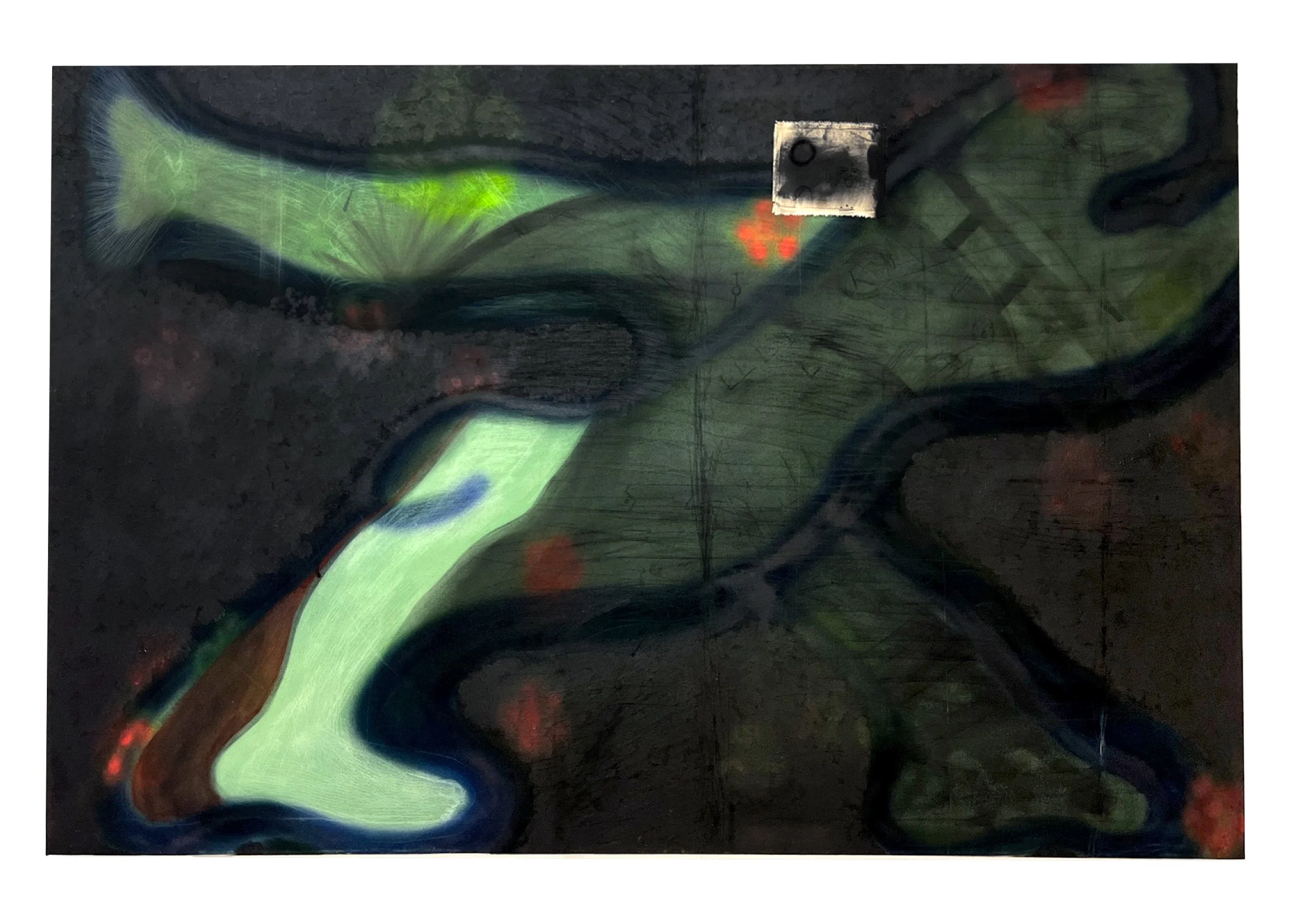 "Am I still Here", 2024, Earth pigment, walnut oil, ink, spray paint, acrylic, scratchings on canvas, 72 in x 48 in