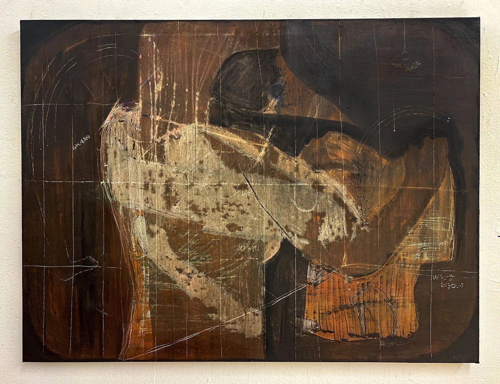 "Folding", Oil stick, Earth pigment, walnut oil, spray paint, acrylic, and scratchings, 26 in x 18 in