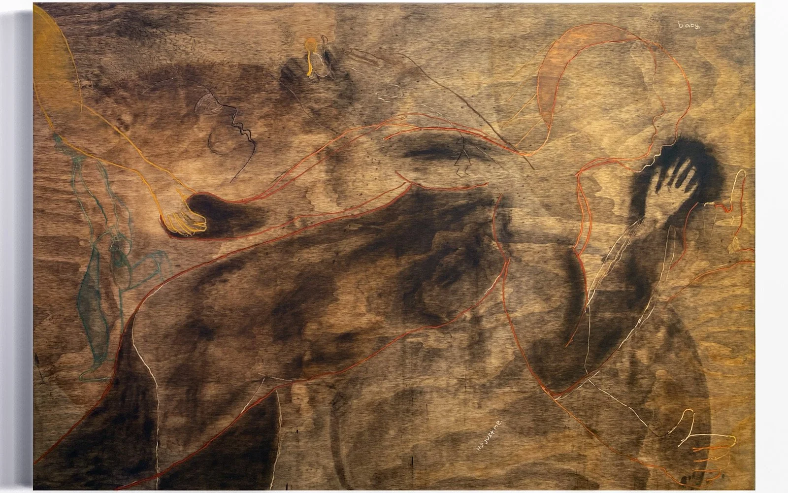 ‘it’s just me’, 70.5in x 42 in, Engraved hardwood plywood painted with natural pigments, walnut oil, and linseed oil.