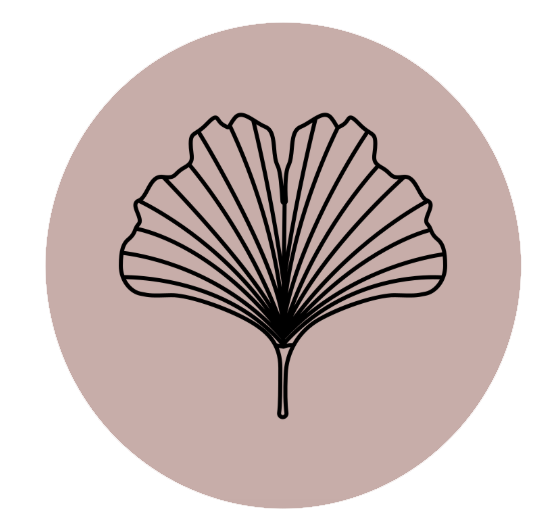Line drawing of a ginkgo leaf with radiating lines, placed inside a pink circle on a light background.