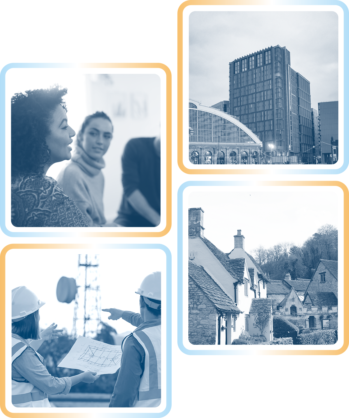Collage of four images including a business meeting, modern city buildings, construction workers discussing plans, and a village with traditional houses.