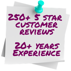 A handwritten note on a white sheet pinned with a blue pushpin, reading '250+ 5 star customer reviews, 20+ years experience' in purple ink.