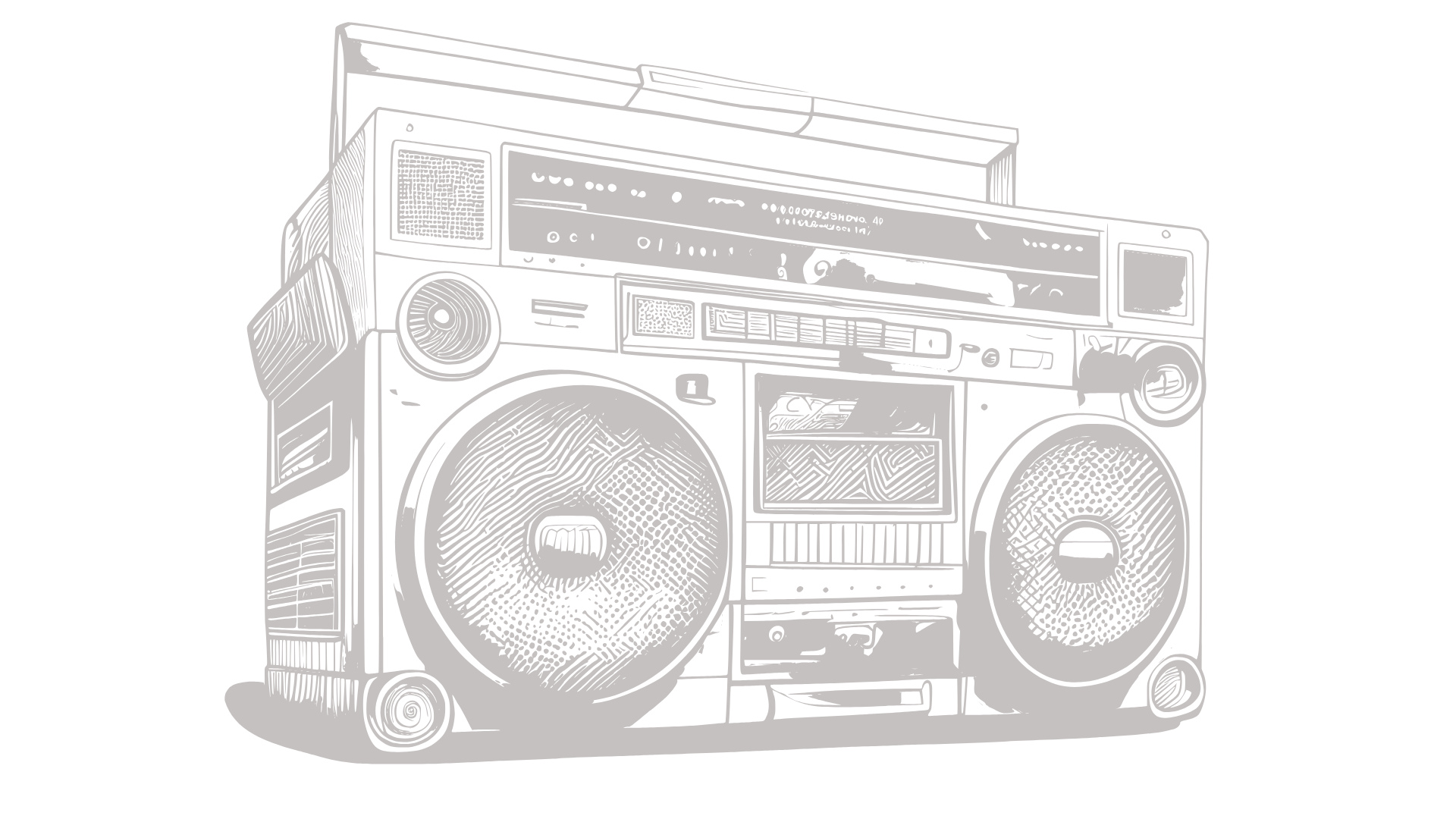 Black-and-white sketch of a vintage boombox with speakers, control buttons, and a cassette deck.