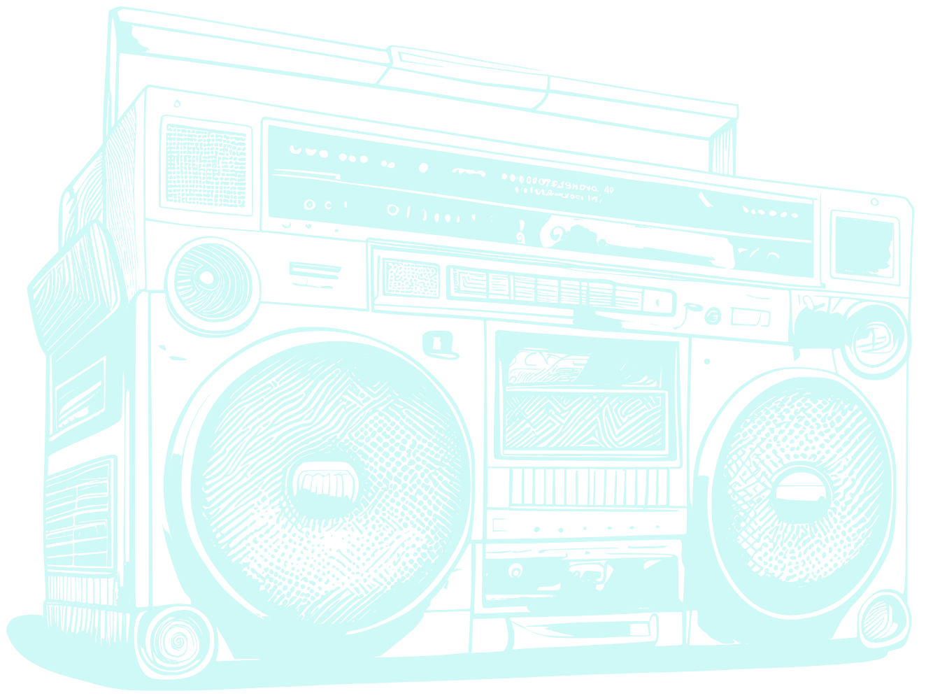 A digital illustration of a vintage boombox from a front-angle view, with speakers, buttons, and a cassette player.