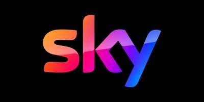 Sky logo with gradient colors on a black background.