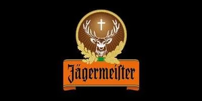 Jägermeister logo featuring a gold circular emblem with a stag's head, a cross between its antlers, and the brand name on an orange banner.