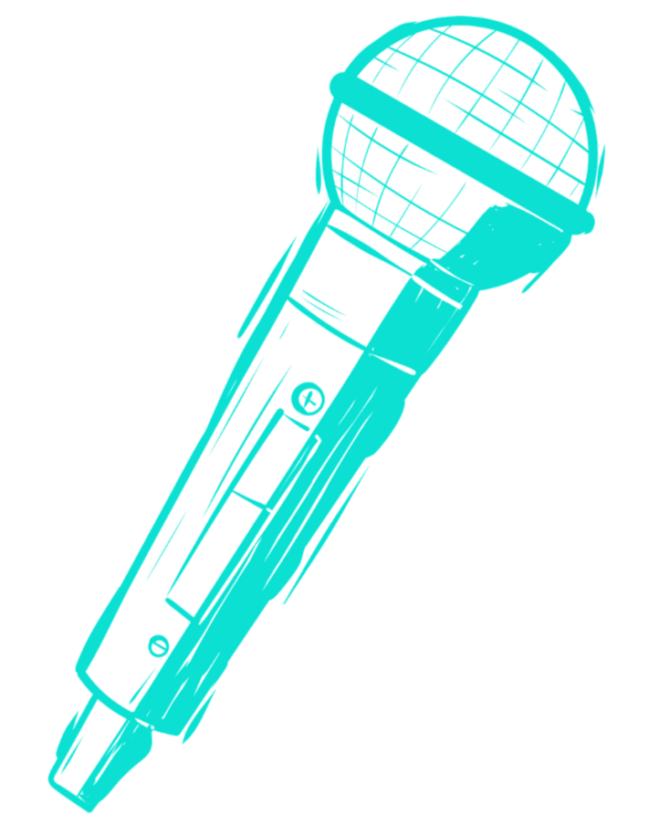 A digital illustration of a microphone with a glowing blue outline and a grid pattern on the microphone head.