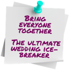 Note card pinned with a blue push pin reading 'Bring Everyone Together, The Ultimate Wedding Ice-Breaker' in purple text
