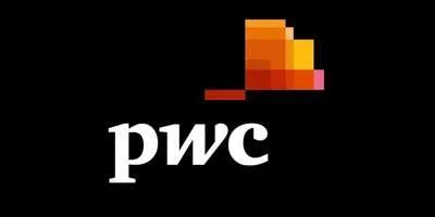 Logo of PwC with the text 'pwc' in white on a black background and an orange and yellow pixelated shape above it.