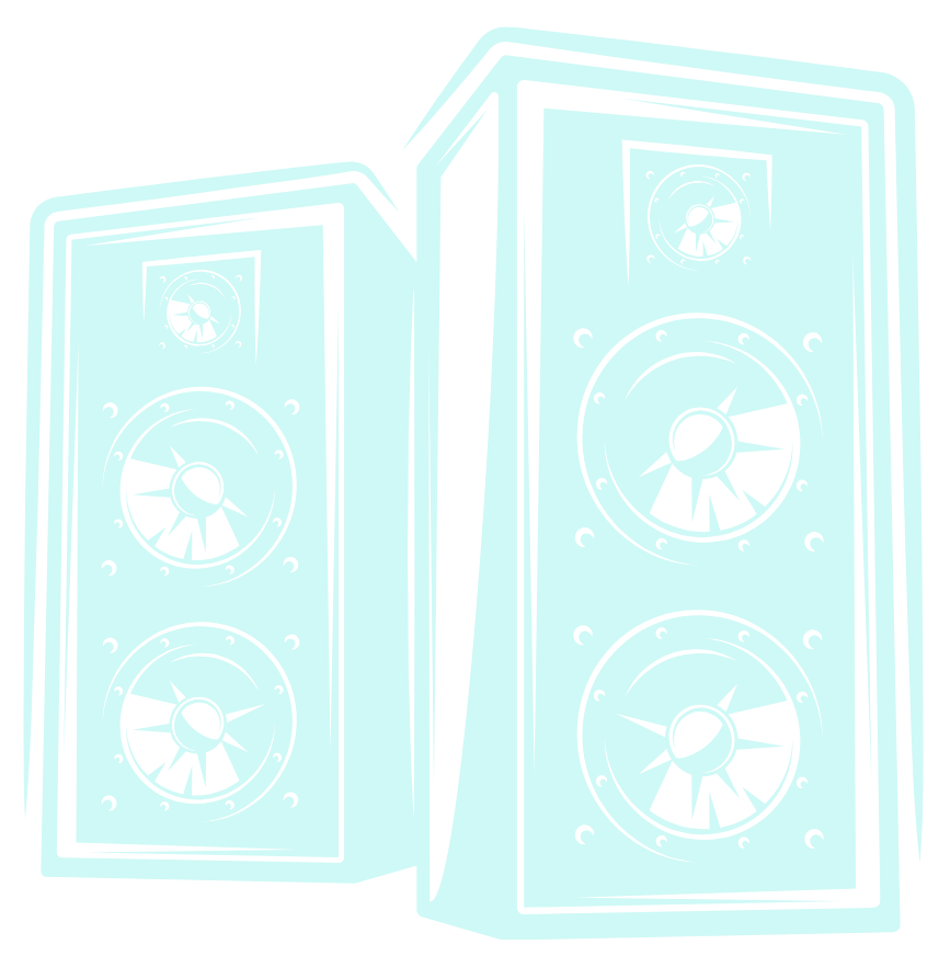 Digital illustration of two tall, rectangular blue speakers with multiple circular speaker cones and smaller round components, set against a black background.