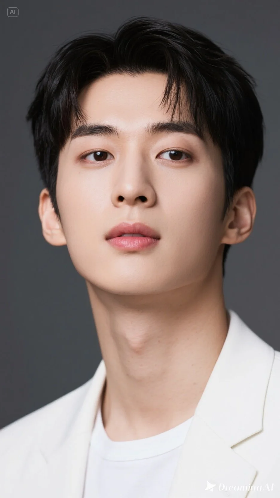 검은 배경 앞에 서 있는 젊은 남성의 초상화, 하얀 셔츠 입음.