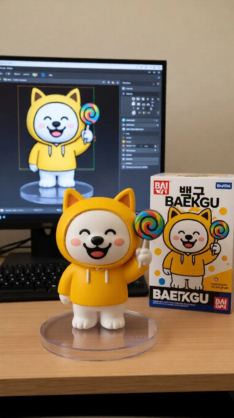 노란색 캐릭터 피규어가 웃고 있으며, 손에 무지개색 사탕을 들고 있음. 배경에는 컴퓨터 모니터와 박스가 보임.