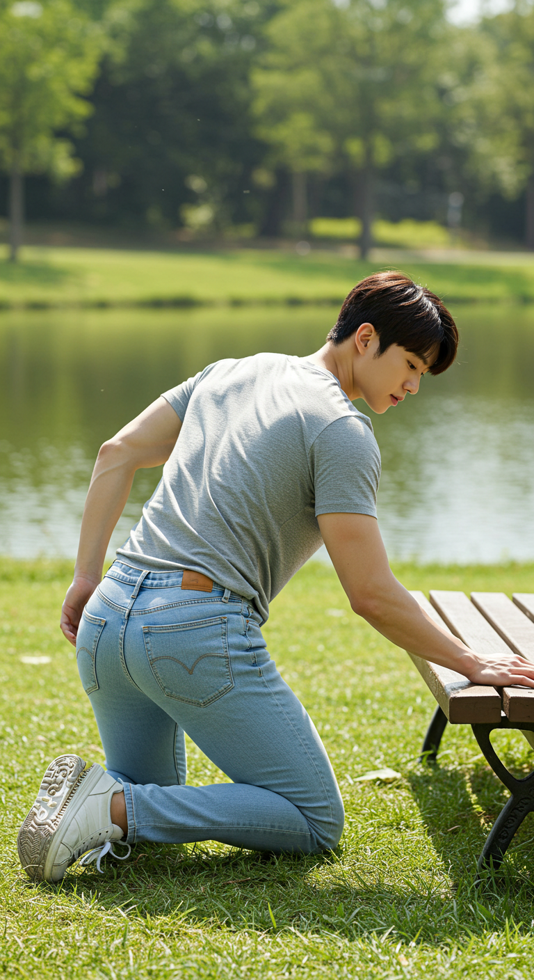 공원 벤치 앞에 무릎을 꿇고 앉아 있는 여성, 강가와 나무들이 배경인 자연 풍경