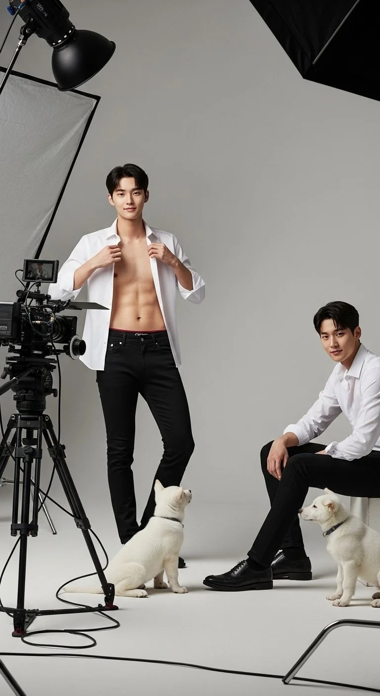 스튜디오에서 사진 촬영 준비를 하는 두 남성과 강아지 세 마리.