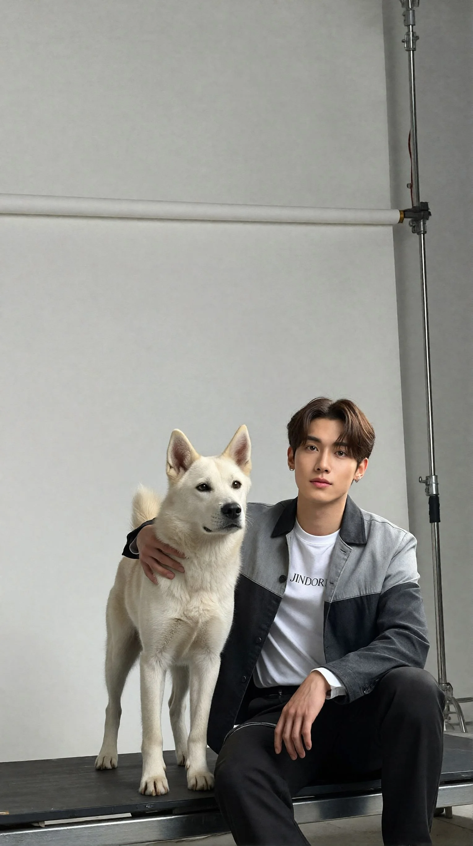 한 남성과 흰색 강아지가 함께 사진을 찍고 있는 모습.