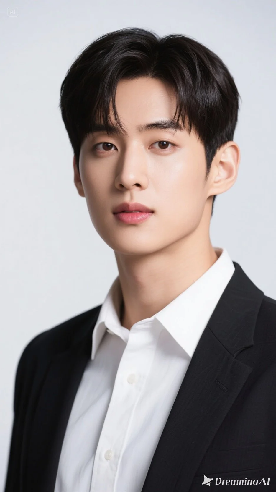 빨간색 배경을 배경으로 검은 정장과 흰 셔츠를 입은 남성의 사진.