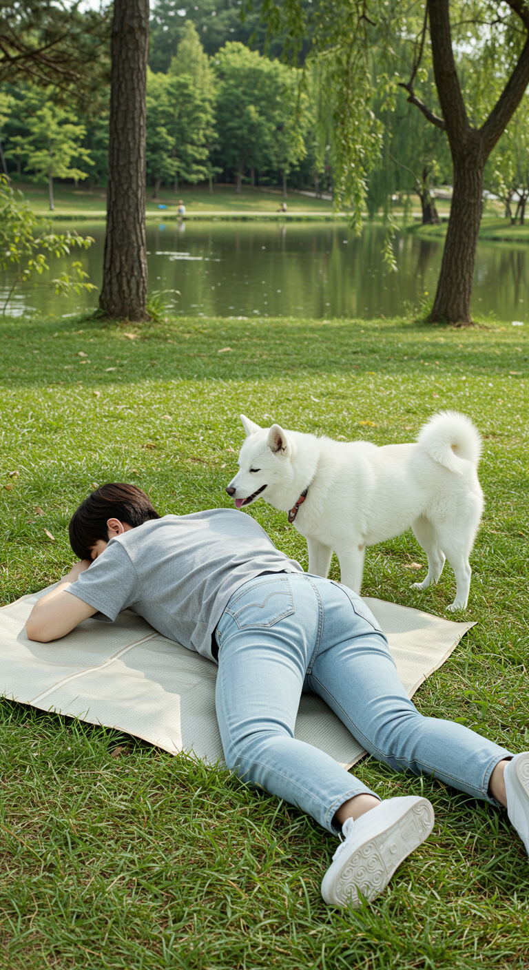공원 벤치에 앉아 웃고 있는 젊은 남성