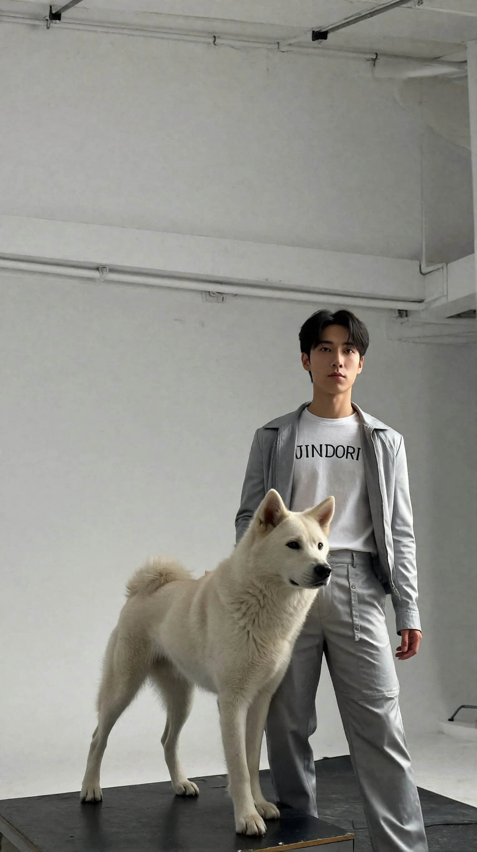 회색 재킷을 입은 남성 옆에 흰색 강아지가 서 있는 모습.