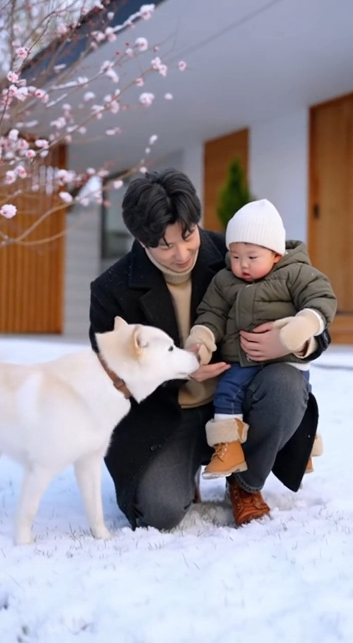 눈 쌓인 마당에서 한 남성과 어린이가 강아지와 함께 노는 모습.