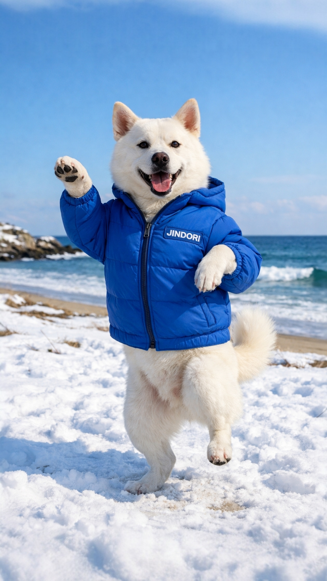 눈밭에서 웃으며 하이파이브 하는 강아지, 파란 하늘과 바다 배경