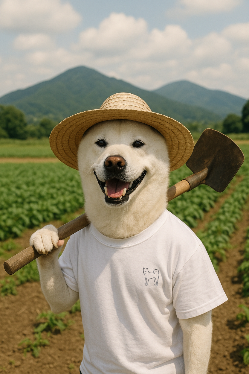 모자 쓴 강아지가 농장에서 웃으며 삽을 들고 있는 모습