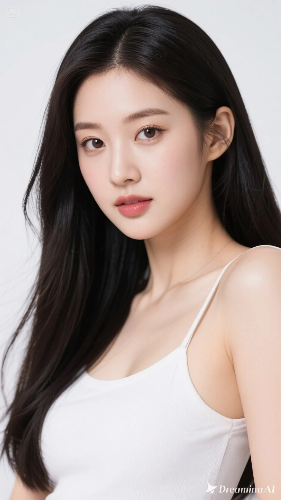 검은 머리의 여성 모델이 흰색 민소매 상의를 입고 있음을 보여주는 고화질의 초상 사진