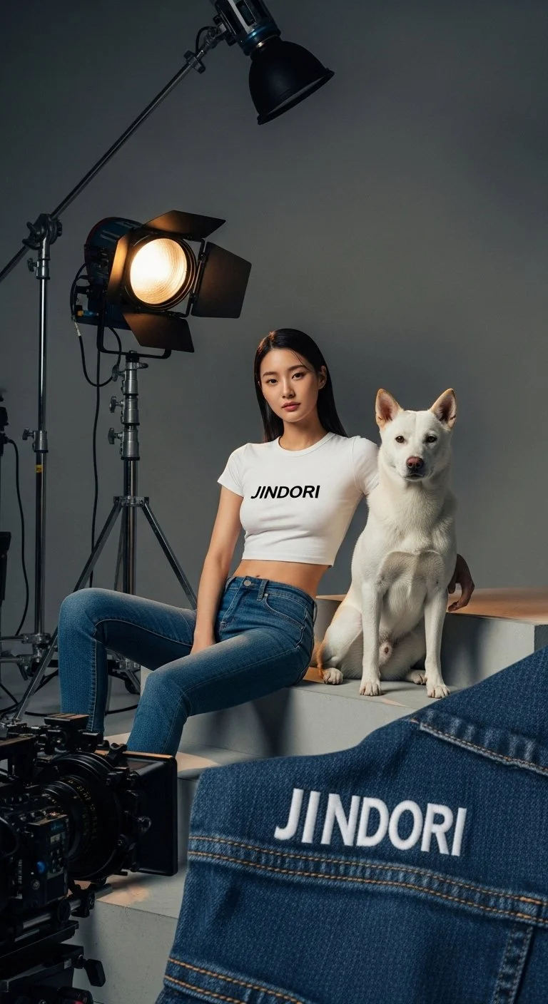 스튜디오에서 촬영 중인 여성과 강아지, JINDORI라는 글자가 적힌 옷과 가방이 보임.