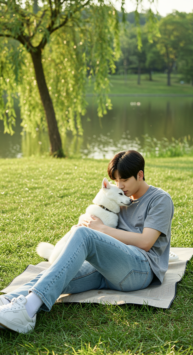 공원에서 소풍을 즐기며 담요 위에 앉아 있고, 남성이 흰 강아지와 포옹하고 있으며 강과 나무들이 배경에 있음.