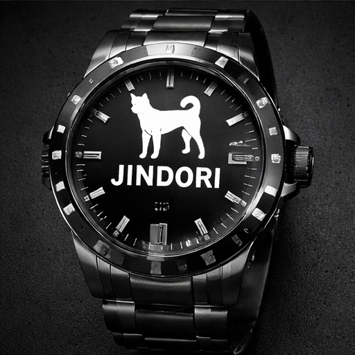 검은색 배경에 검은색 시계. 시계 다이얼에는 흰색 강아지 실루엣과 'JINDORI'라는 글자가 쓰여 있다.