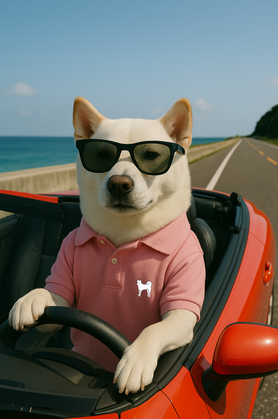 선글라스를 쓴 하얀 강아지가 핑크 셔츠를 입고 자동차 운전석에 앉아 있어 해변 도로를 배경으로 하이킹하고 있음.