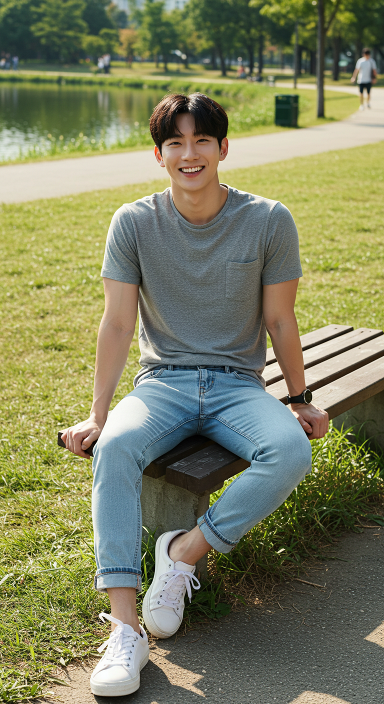 공원 벤치에 앉아 웃으며 사진 찍는 젊은 남성