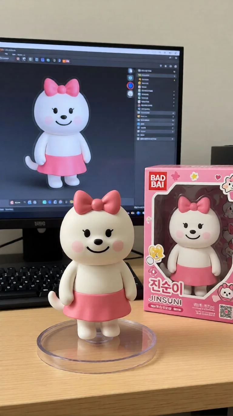 책상 위에 귀여운 인형과 그 인형의 박스가 놓여 있고, 배경에 컴퓨터 모니터가 보임.