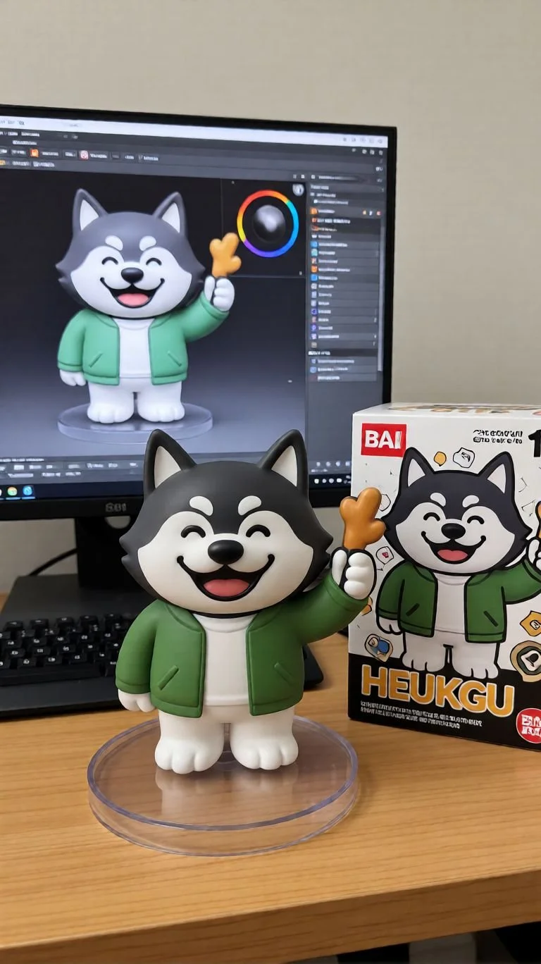 강아지 캐릭터 피규어와 그 포장 박스, 컴퓨터 모니터와 키보드가 있는 책상 위에 놓여 있음.