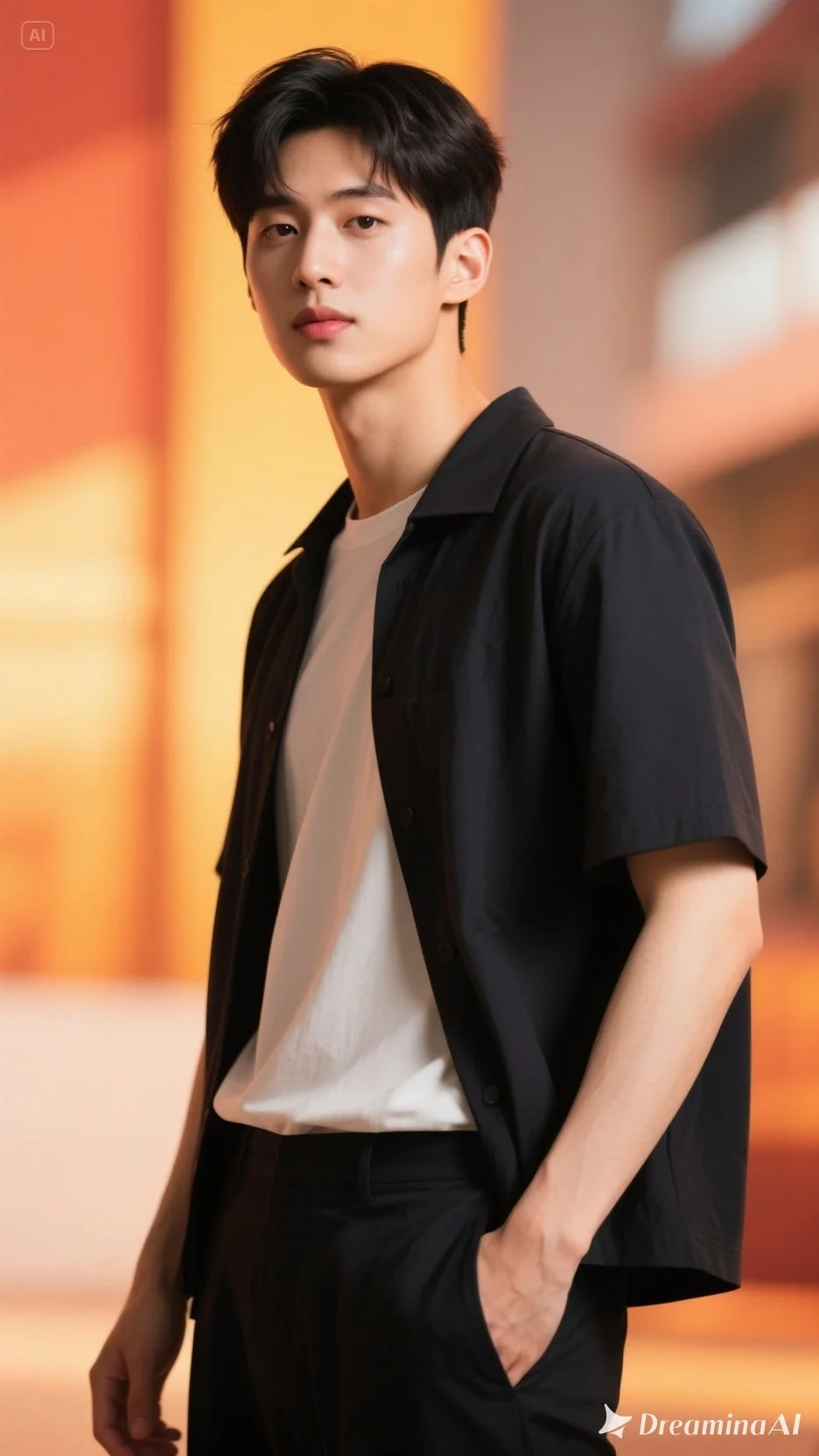 검은 셔츠와 흰 티셔츠를 입고 서있는 젊은 남성의 사진, 배경은 따뜻한 조명으로 흐림 처리됨.