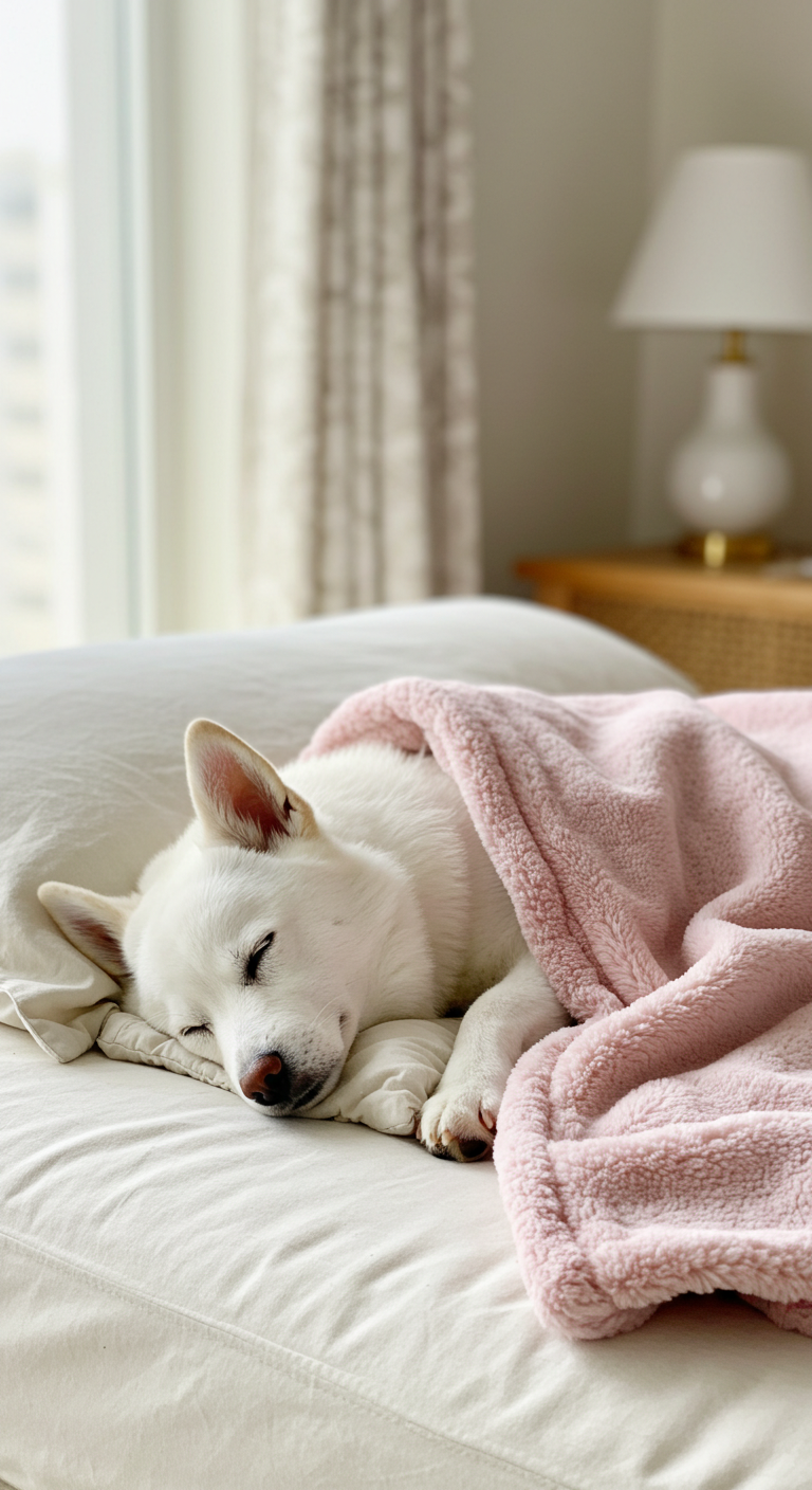 하얀색 강아지가 침대 위에서 자고 있으며, 분홍색 담요를 덮고 있음.
