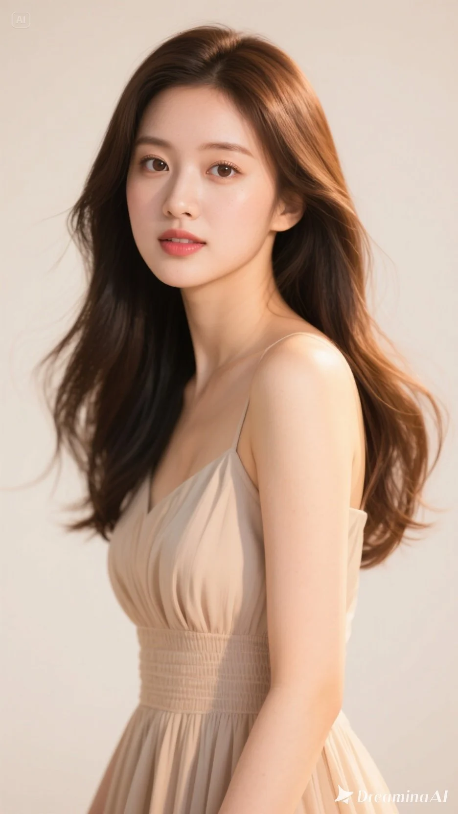 베이지색 드레스를 입은 여성의 초상사진